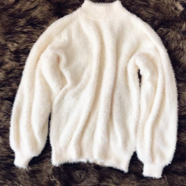 Lantern Sleeve Faux Mink Pullover Sweater
