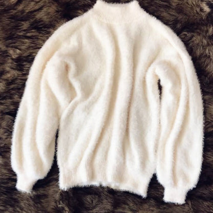 Lantern Sleeve Faux Mink Pullover Sweater