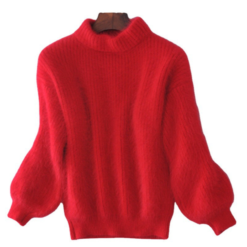 Lantern Sleeve Faux Mink Pullover Sweater