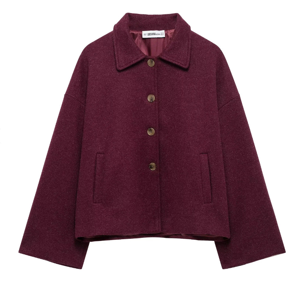 Lapel-button loose woolen coat