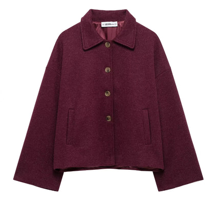 Lapel-button loose woolen coat