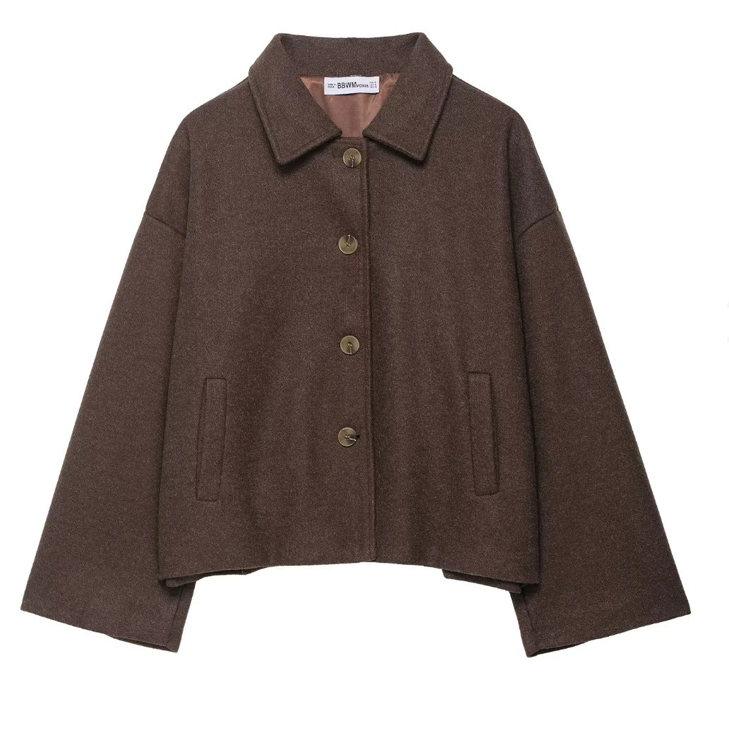 Lapel-button loose woolen coat