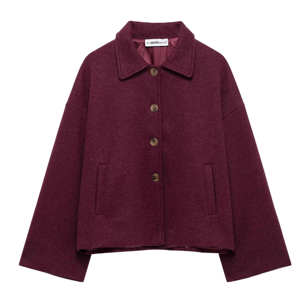 Lapel-button loose woolen coat