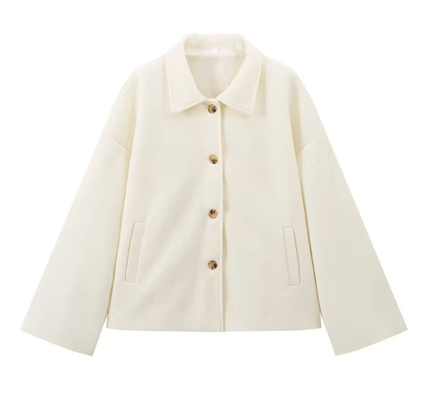 Lapel-button loose woolen coat