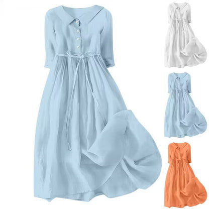 Lapel collar cotton blend long dress