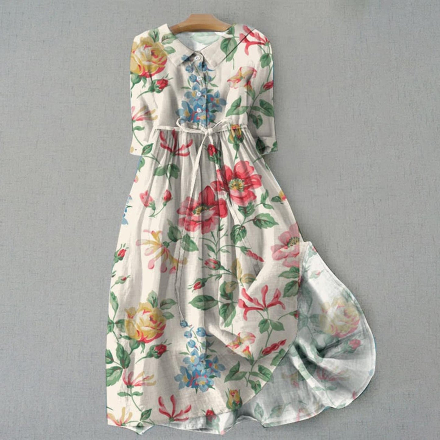 Lapel collar cotton blend long dress