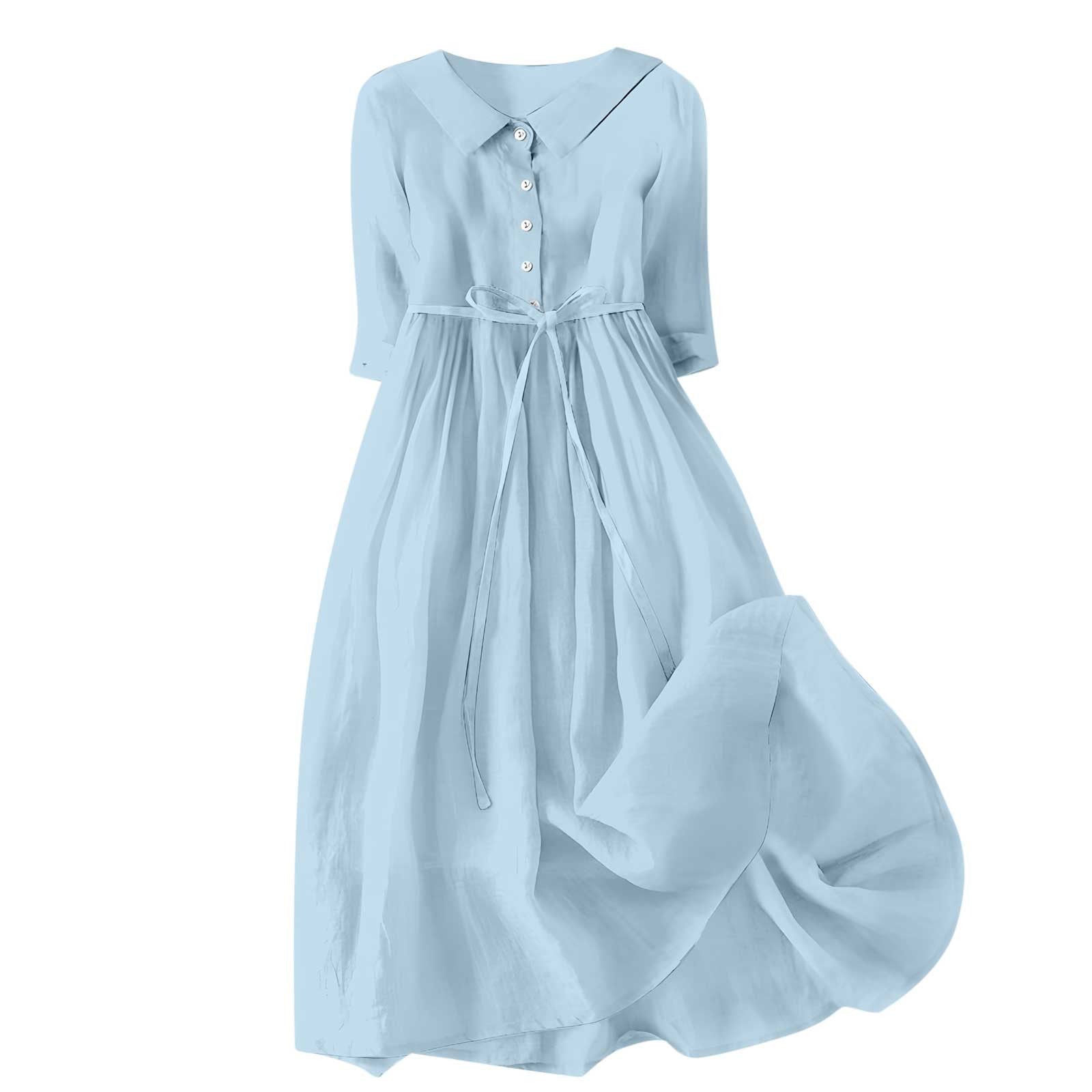 Lapel collar cotton blend long dress