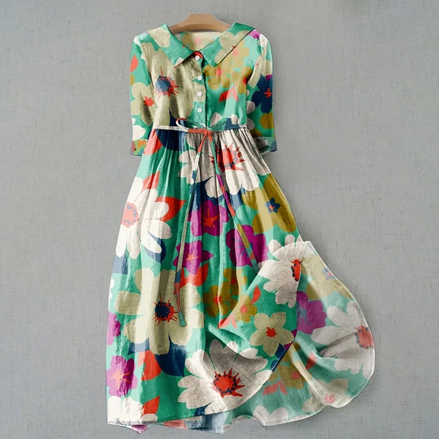 Lapel collar cotton blend long dress