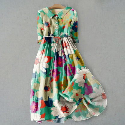Lapel collar cotton blend long dress