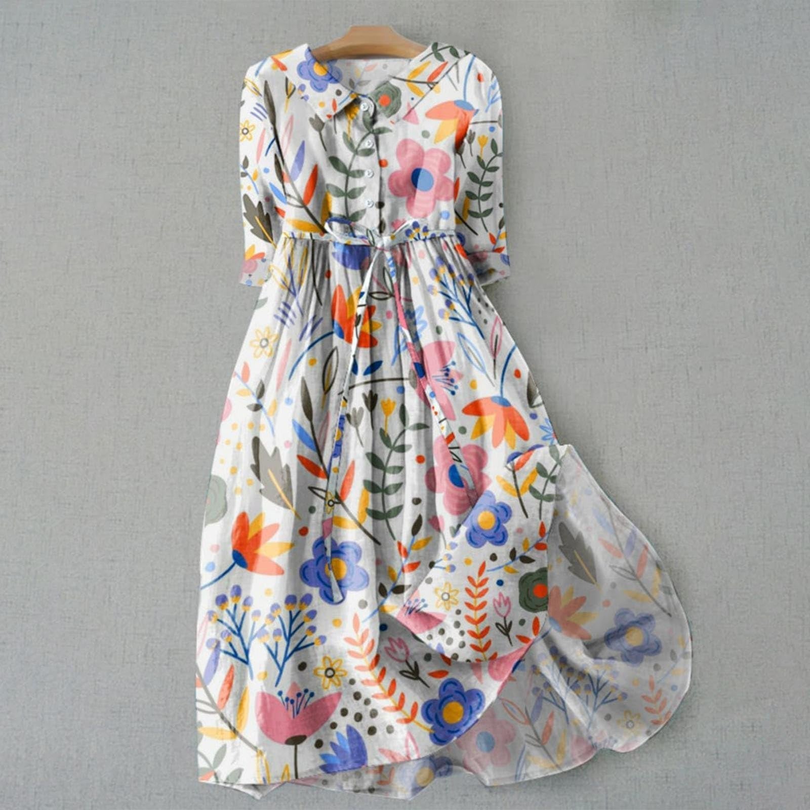 Lapel collar cotton blend long dress