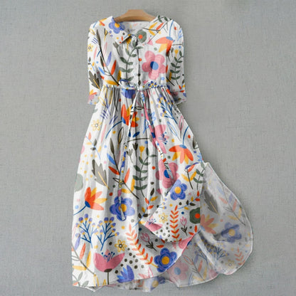 Lapel collar cotton blend long dress