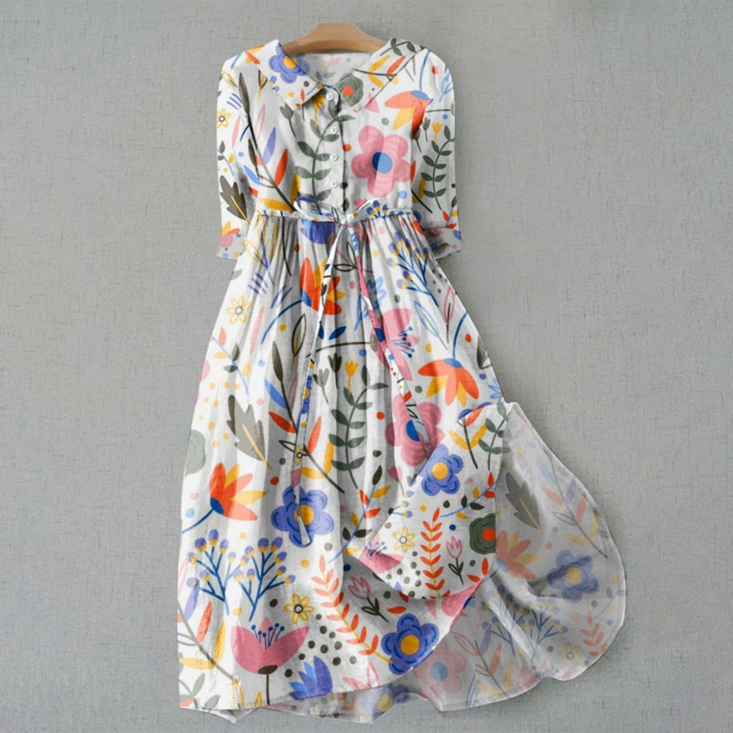 Lapel collar cotton blend long dress