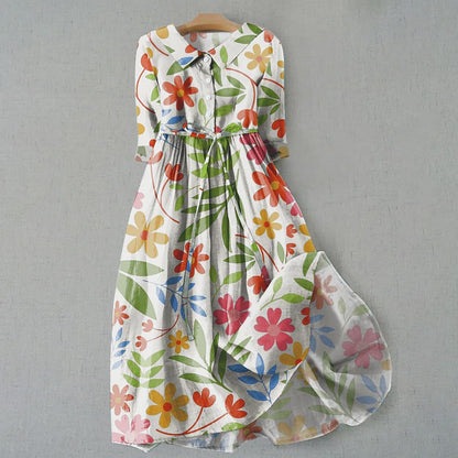 Lapel collar cotton blend long dress