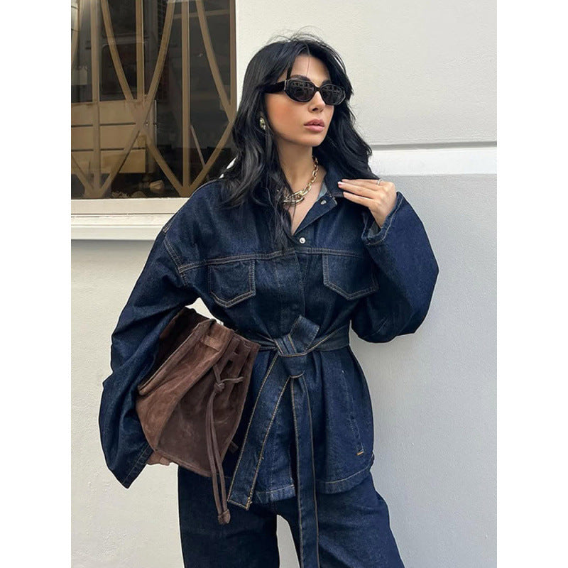 Lapel Denim Lace Two-piece Casual Retro All-match suit