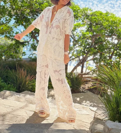 Lapel Hollow Loose Top and Pants Set