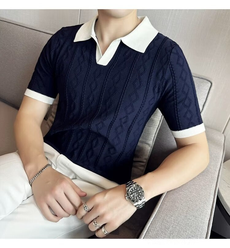 Lapel Polo Shirt Men Jacquard Contrast Color