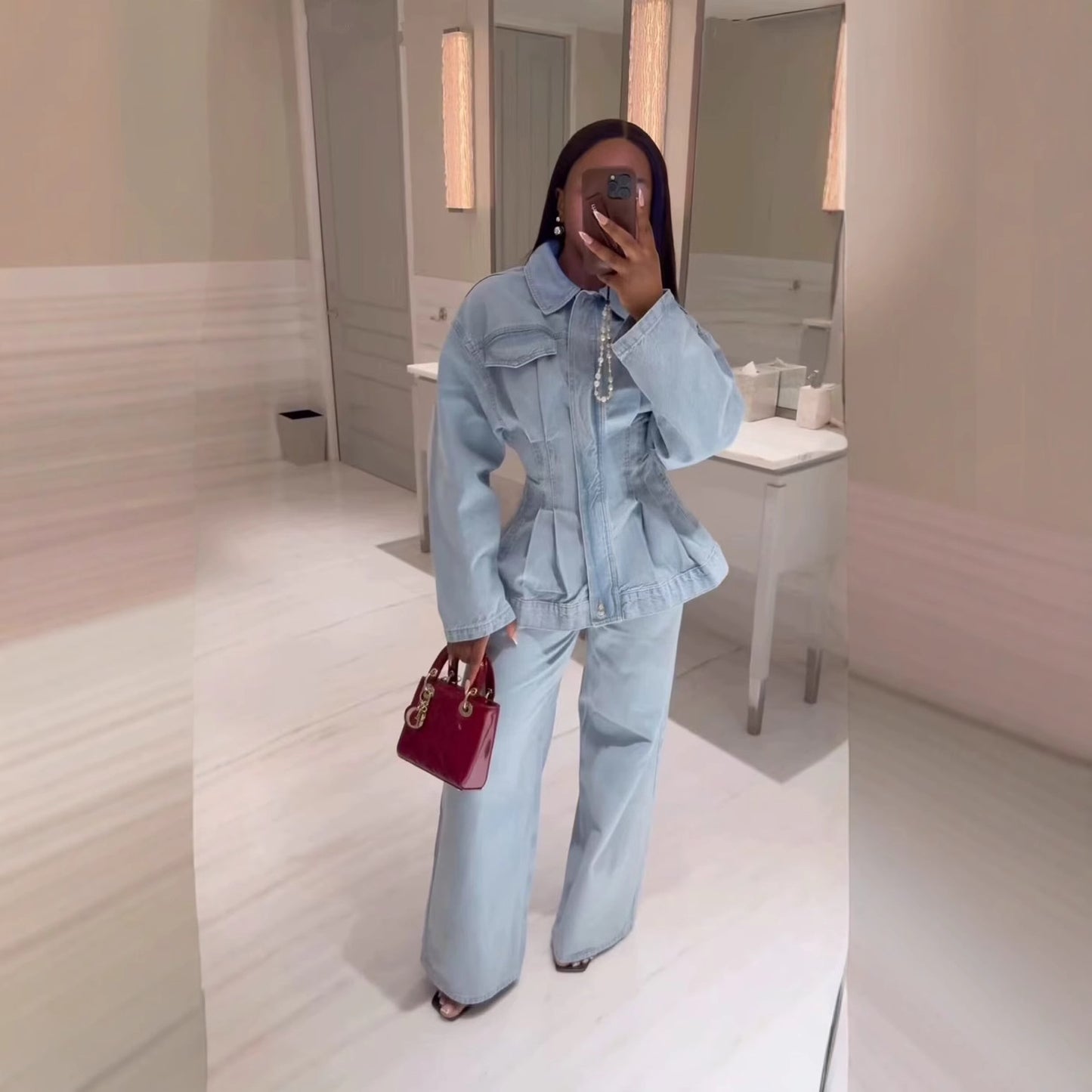 Lapel Waist Denim Jacket and Trousers