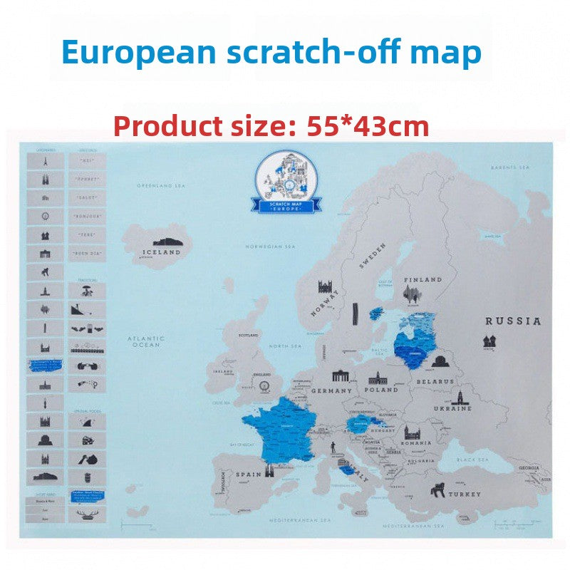 Large Black Gold Scratchable World Map for Travel Tracking