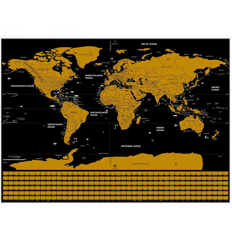 Large Black Gold Scratchable World Map for Travel Tracking