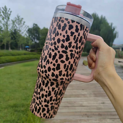 Large Capacity 40oz Insulated Car Cup with Leopard Print