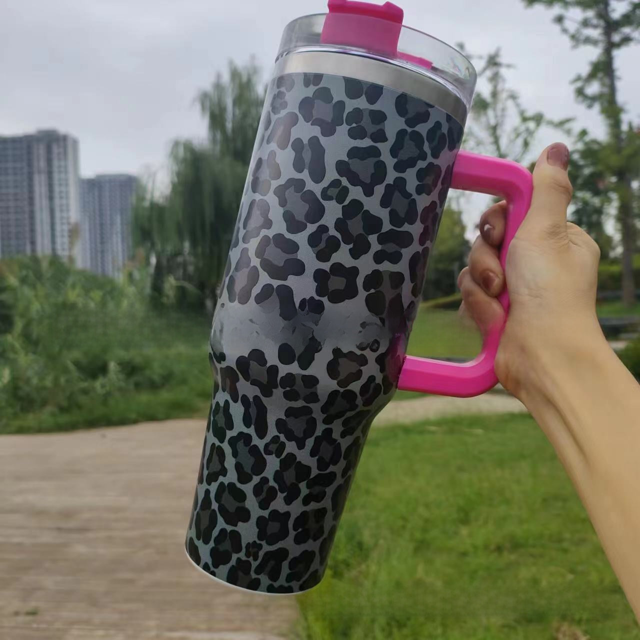 Large Capacity 40oz Insulated Car Cup with Leopard Print