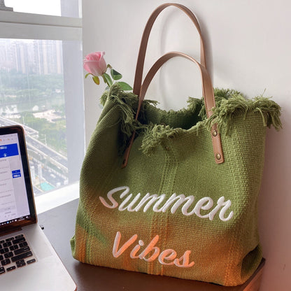 Large Capacity Bag Canvas Bag Embroidered Letters