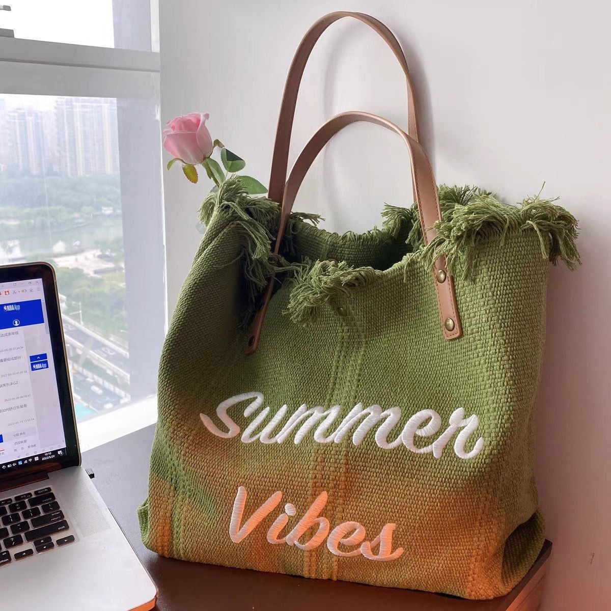 Large Capacity Bag Canvas Bag Embroidered Letters