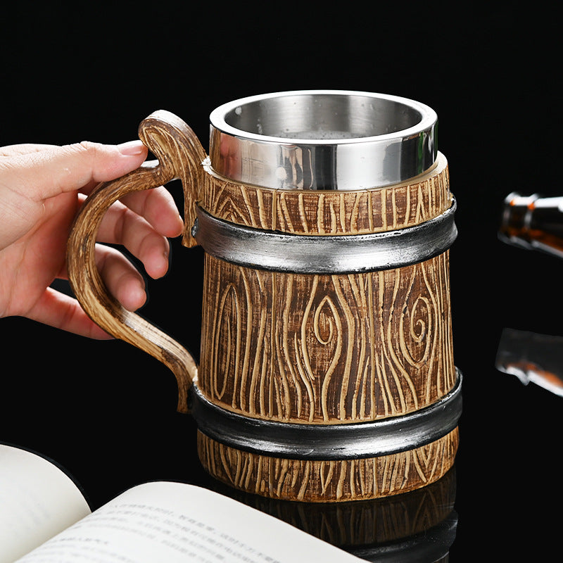 Large wooden barrel beer mug