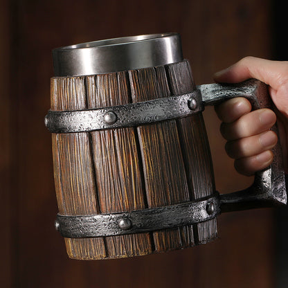 Large wooden barrel beer mug