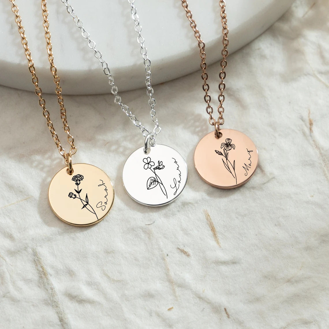 Laser Engraved Birth Flower Necklace with Letter Pendant