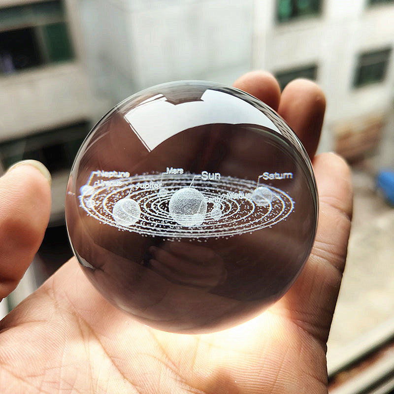 Laser Engraved Crystal Ball with Solar System and Galaxy Designs