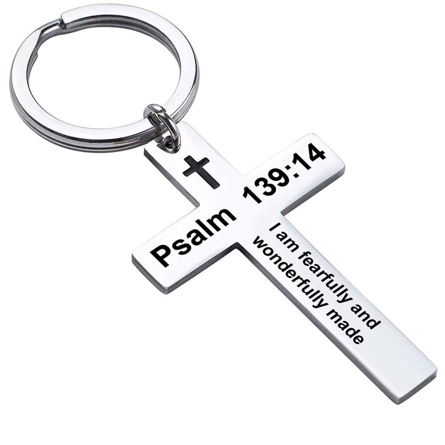 Laser Engraved Stainless Steel Cross Keychain with Biblical Quotes