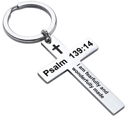 Laser Engraved Stainless Steel Cross Keychain with Biblical Quotes
