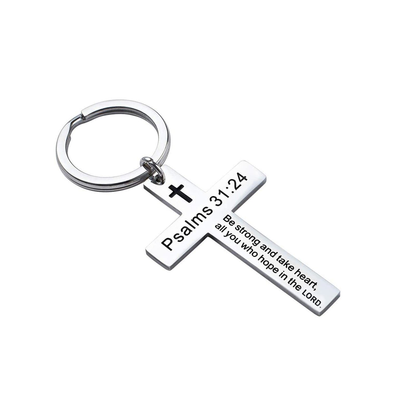 Laser Engraved Stainless Steel Cross Keychain with Biblical Quotes