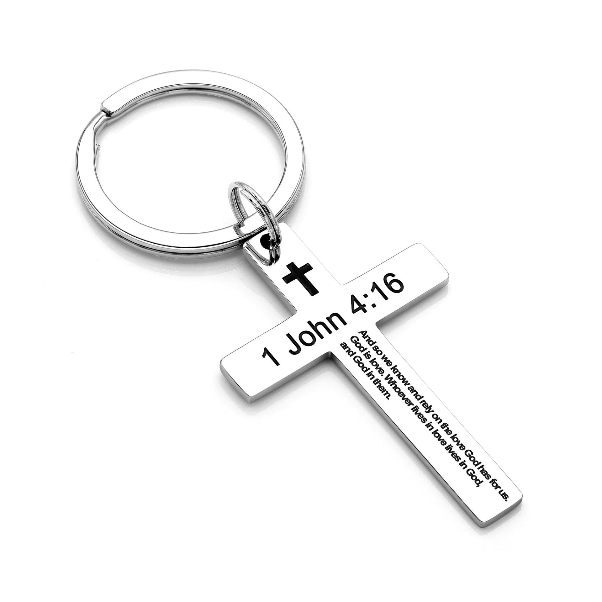 Laser Engraved Stainless Steel Cross Keychain with Biblical Quotes