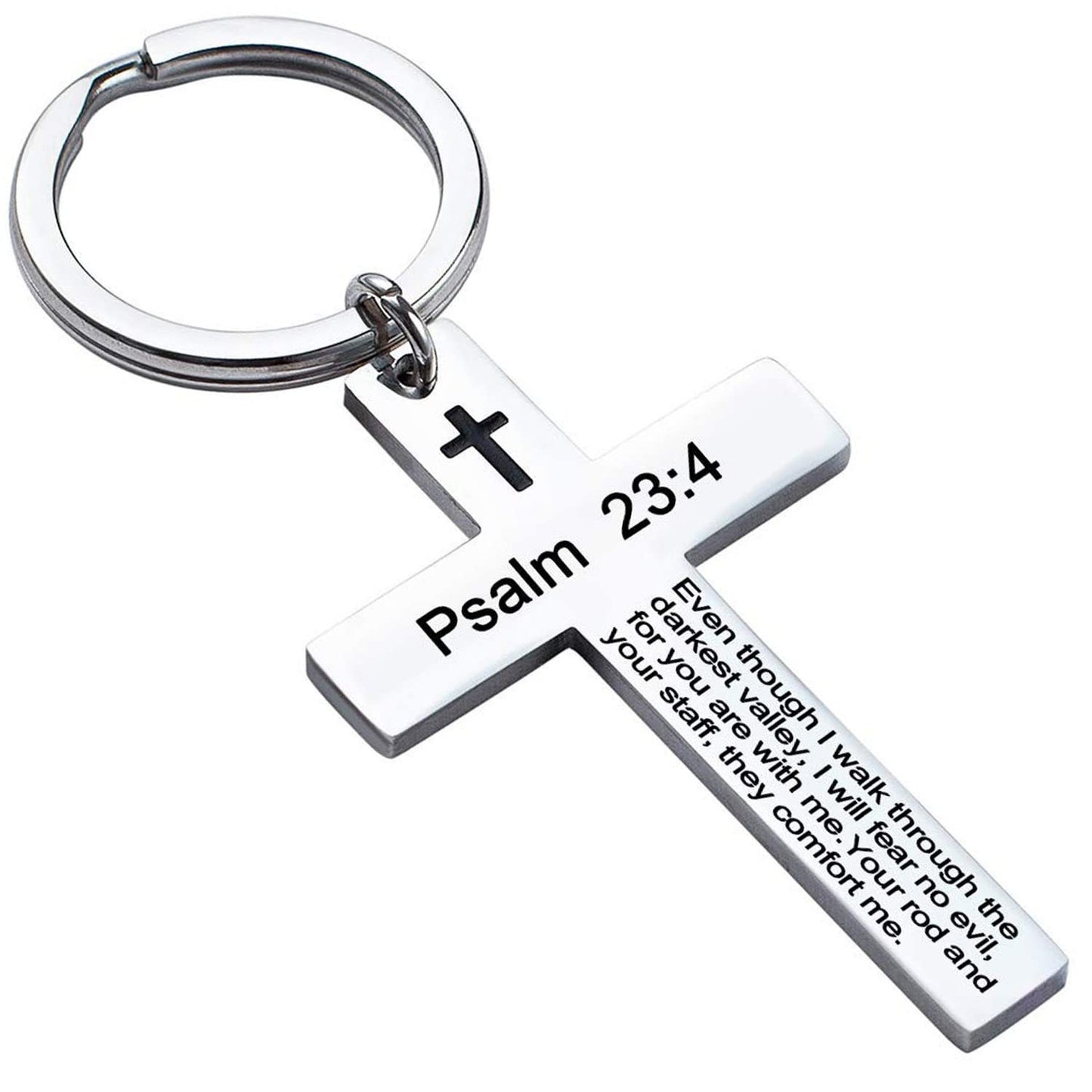 Laser Engraved Stainless Steel Cross Keychain with Biblical Quotes