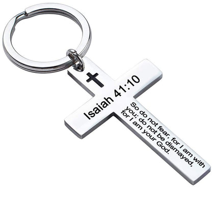 Laser Engraved Stainless Steel Cross Keychain with Biblical Quotes