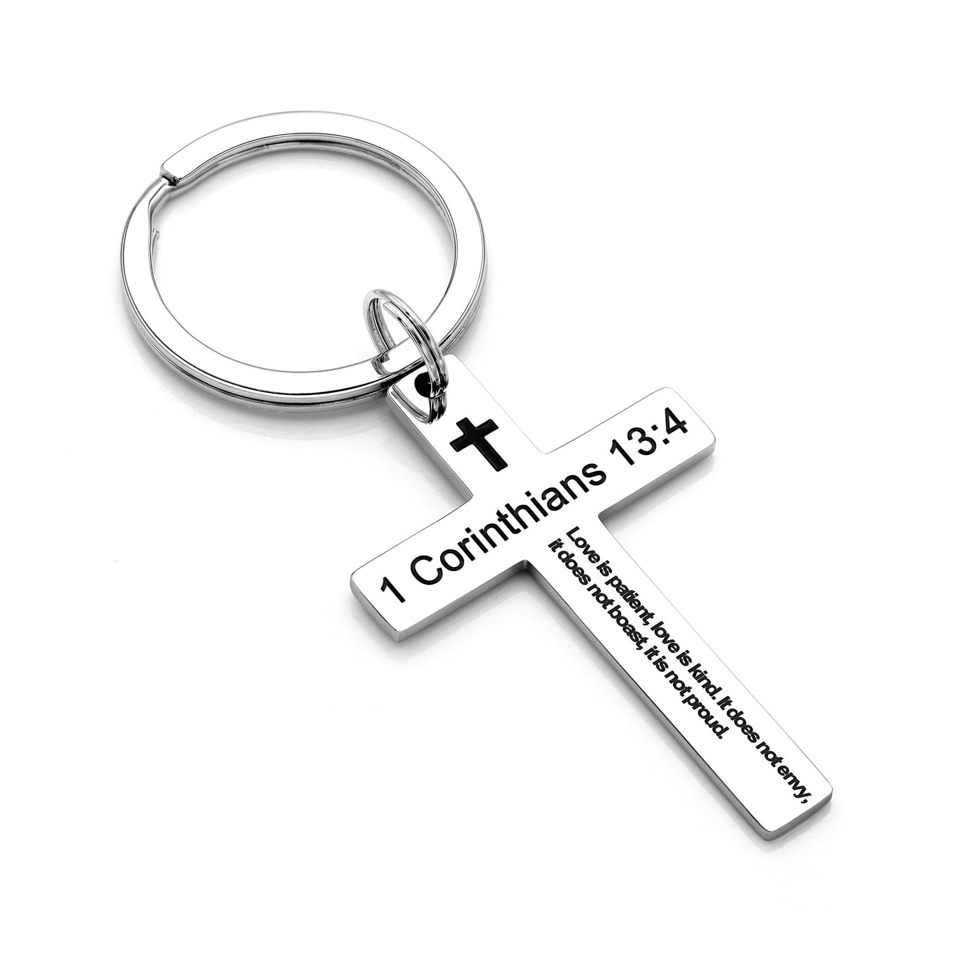 Laser Engraved Stainless Steel Cross Keychain with Biblical Quotes