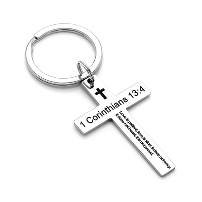Laser Engraved Stainless Steel Cross Keychain with Biblical Quotes