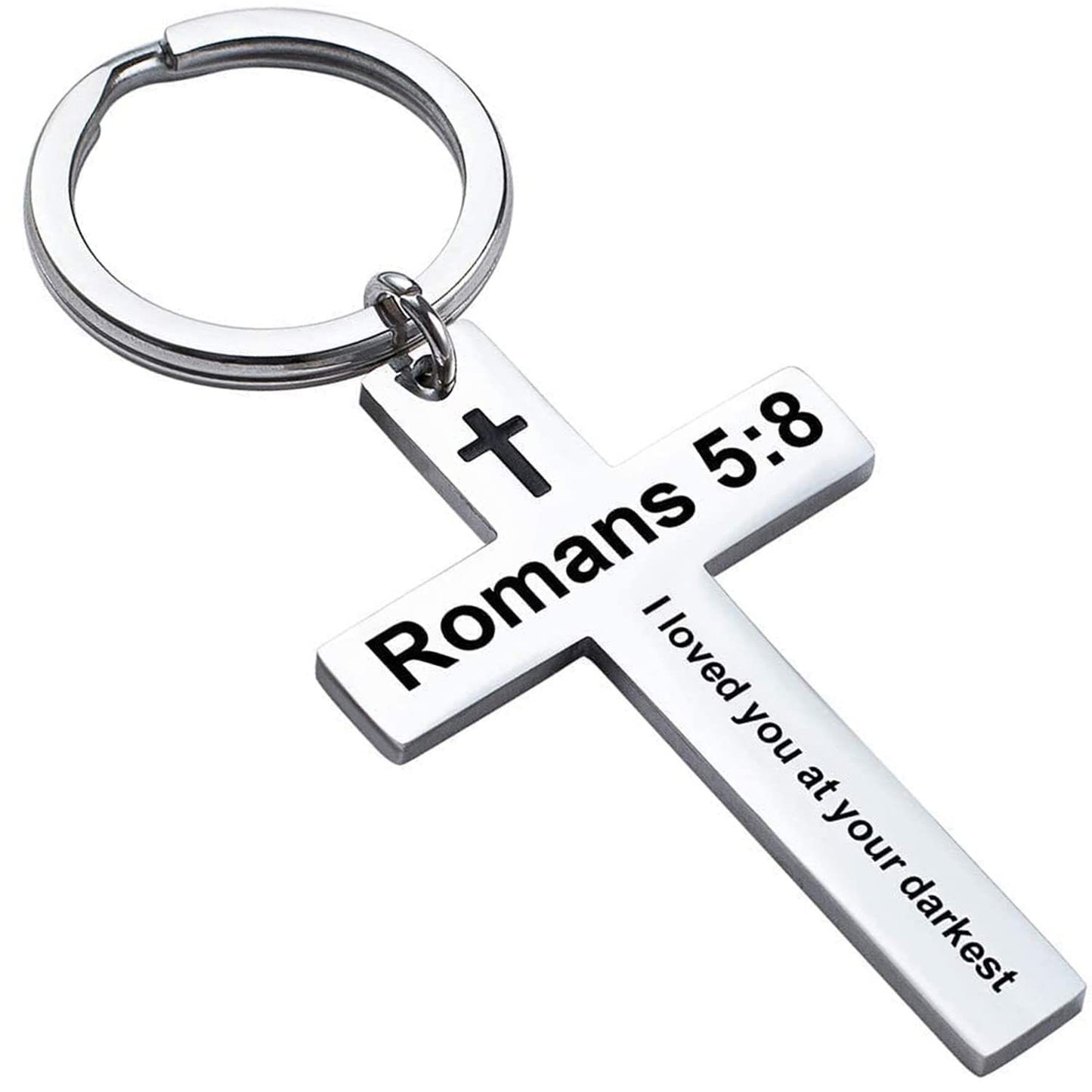Laser Engraved Stainless Steel Cross Keychain with Biblical Quotes