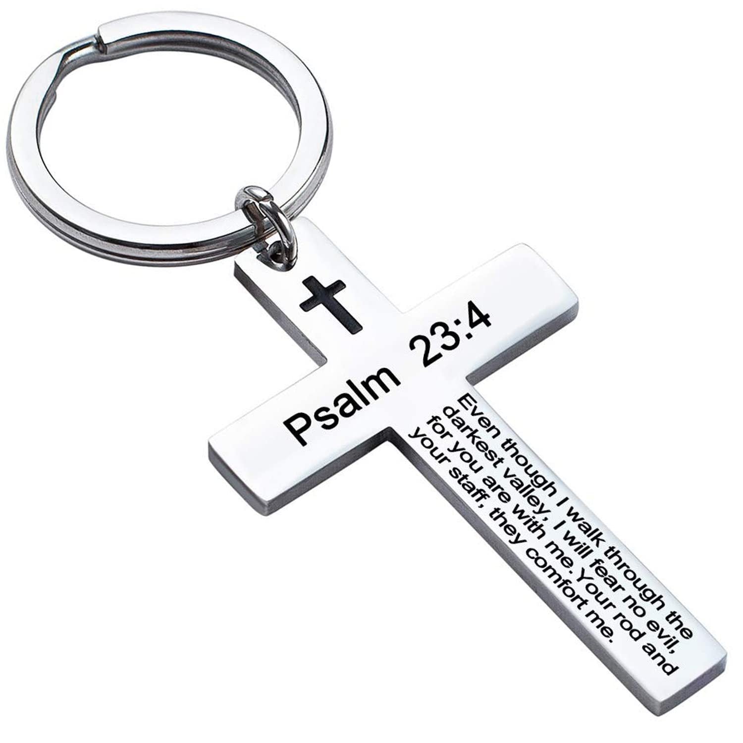 Laser Engraved Stainless Steel Cross Keychain with Biblical Quotes
