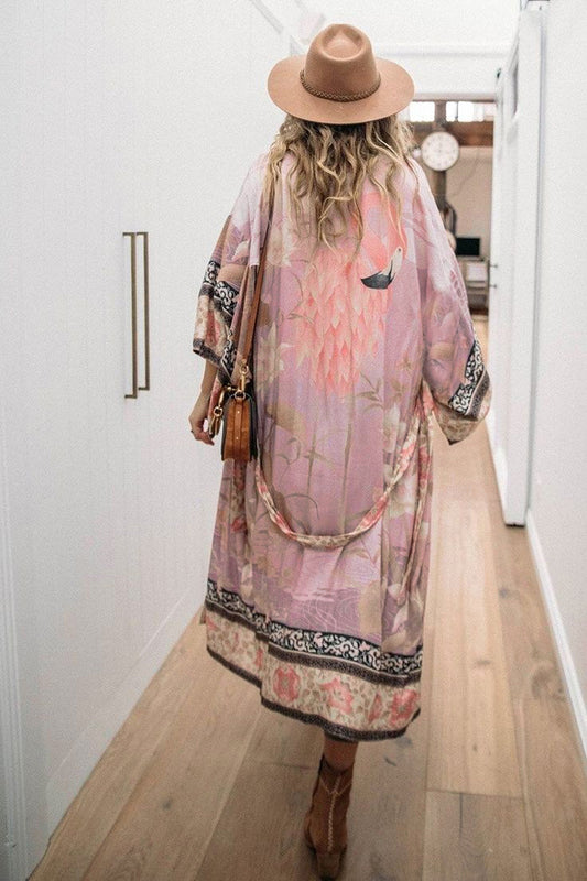 Lavender White Crane Patterned Flowered Dress