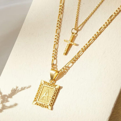 Layered Letter and Cross Pendant Necklace Set