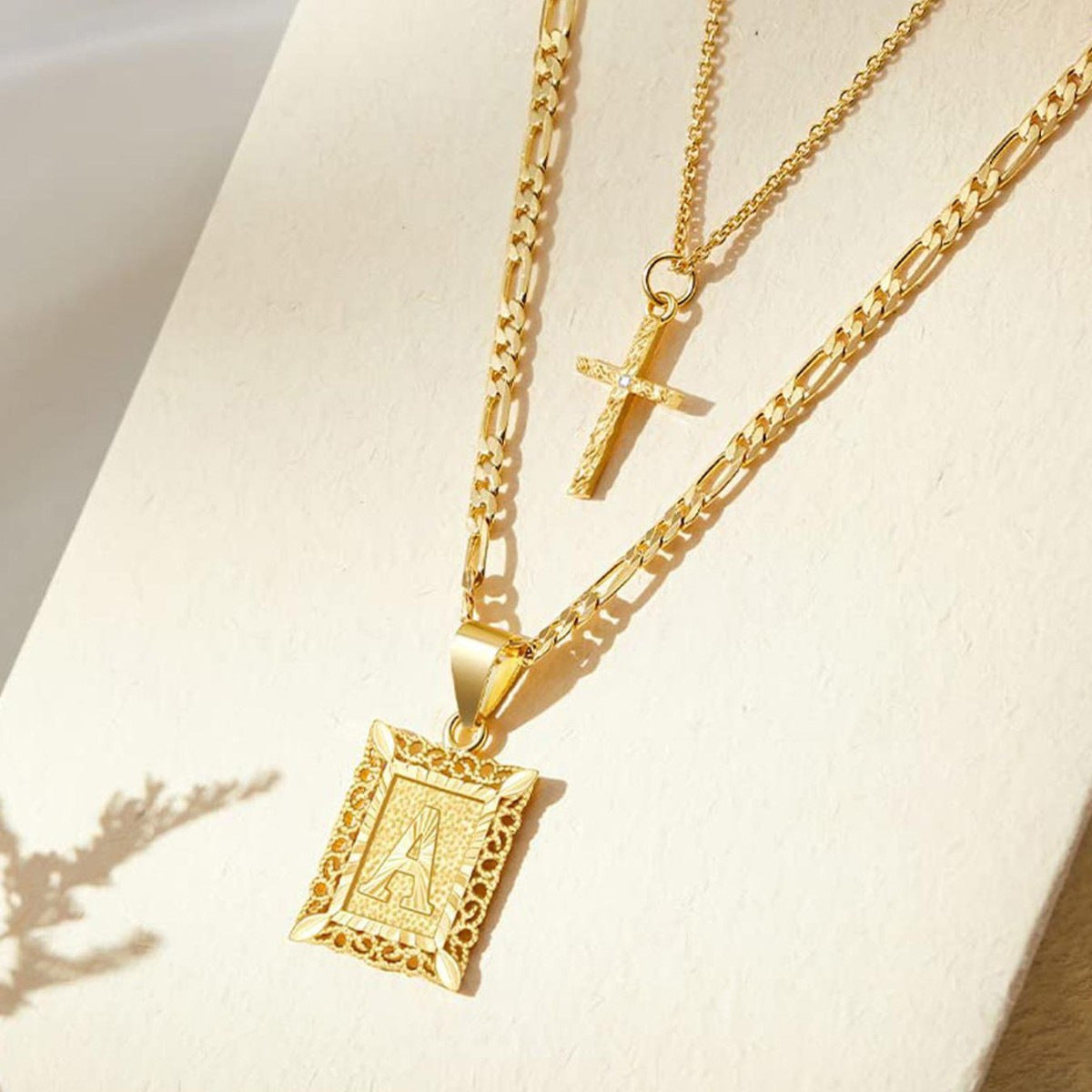 Layered Letter and Cross Pendant Necklace Set
