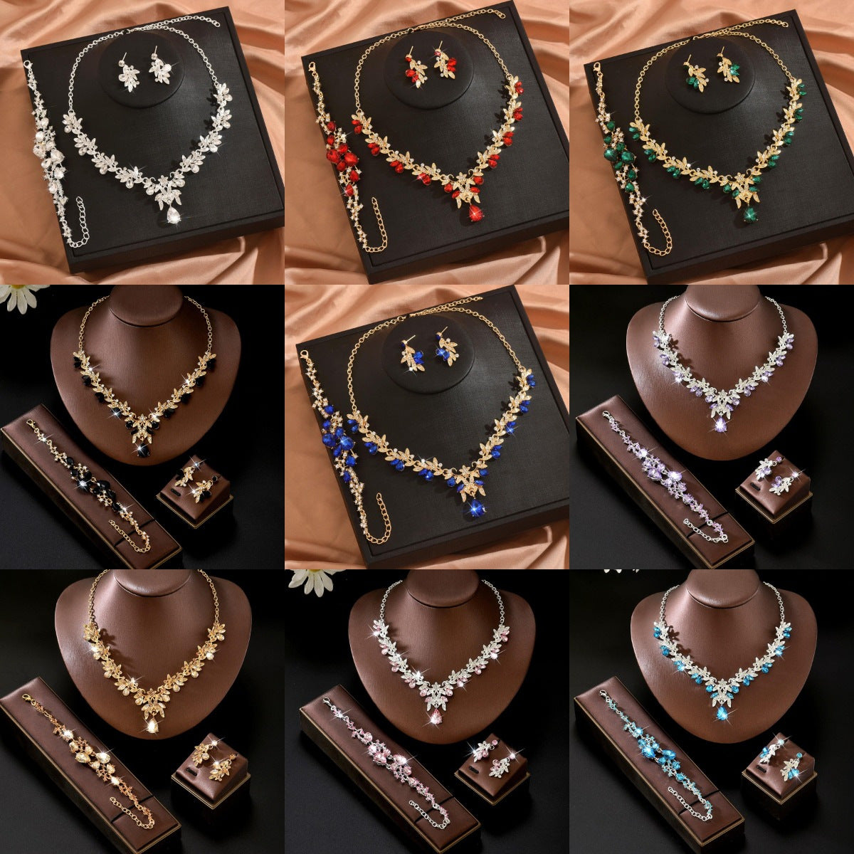 Leaf Design Rhinestone Necklace Earrings Bracelet Set