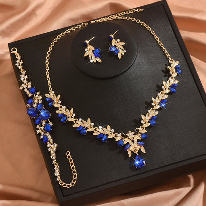 Leaf Design Rhinestone Necklace Earrings Bracelet Set