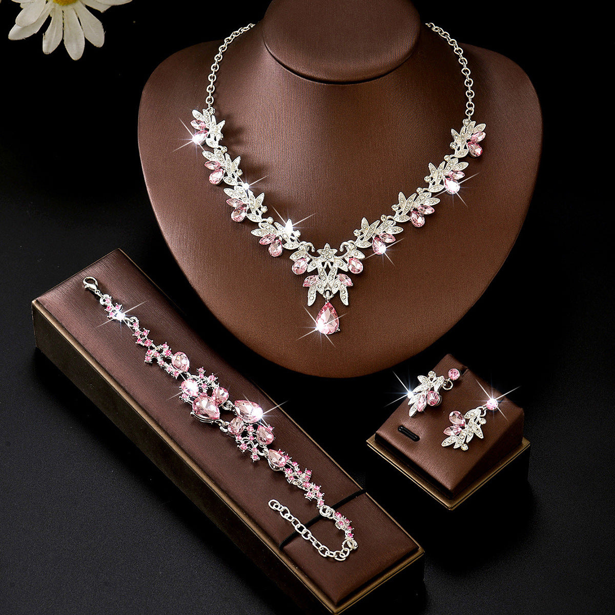 Leaf Design Rhinestone Necklace Earrings Bracelet Set