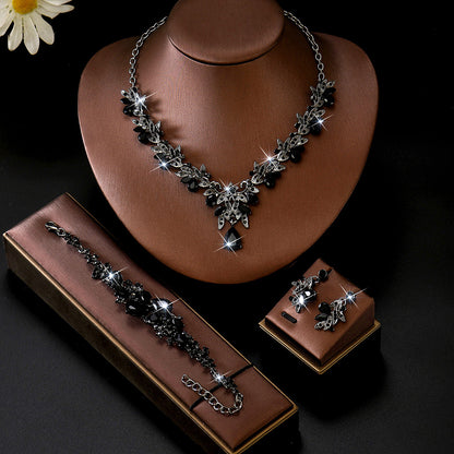 Leaf Design Rhinestone Necklace Earrings Bracelet Set
