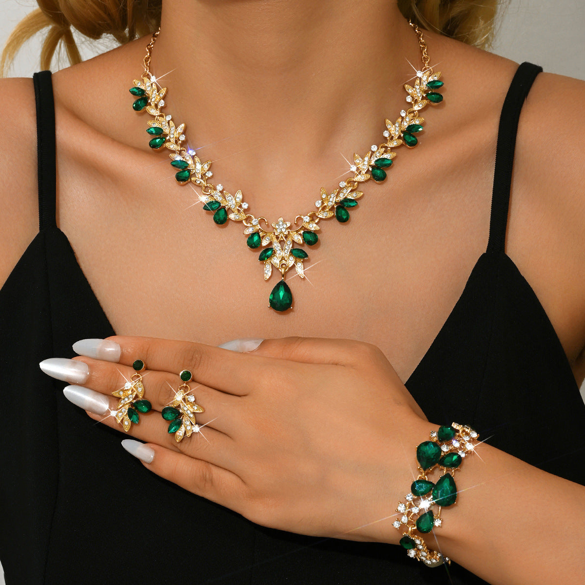 Leaf Design Rhinestone Necklace Earrings Bracelet Set