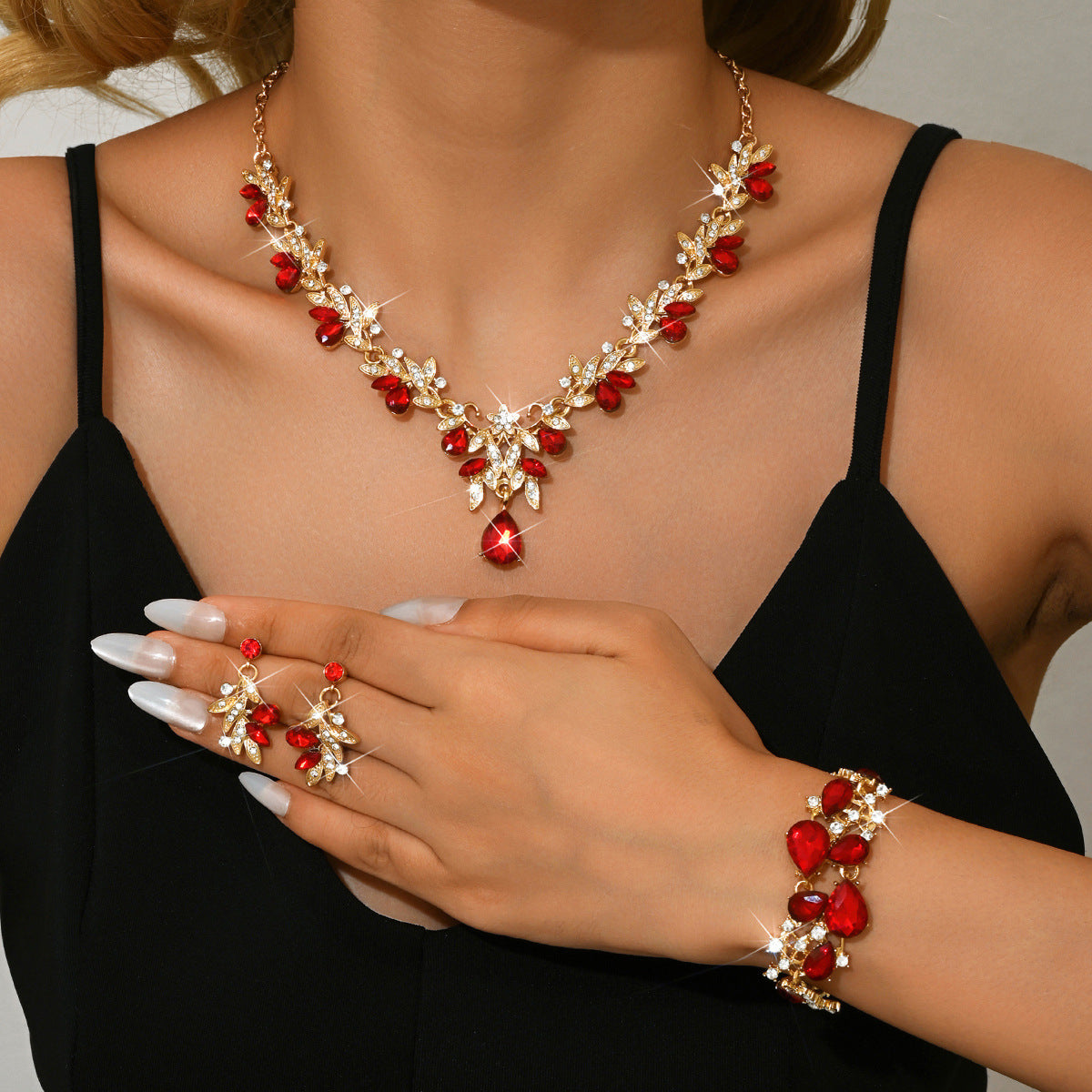 Leaf Design Rhinestone Necklace Earrings Bracelet Set
